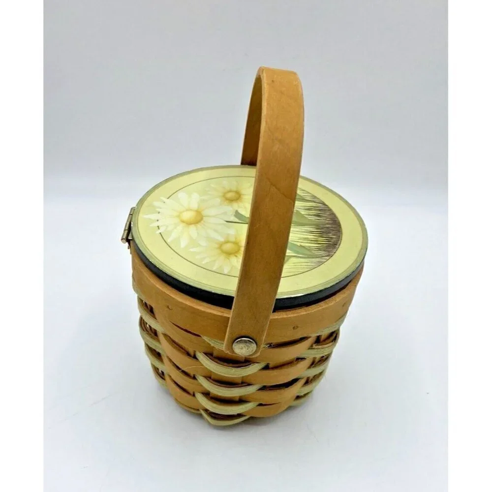Sunflower Basket 3.75”x4.5” Handle Hinged Lid Woven Round Yellow Trinket Holder
